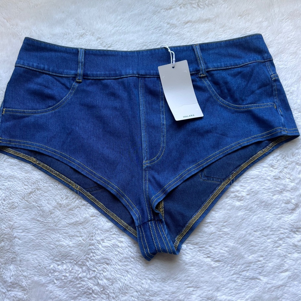 Halara Blue High Waisted Cheeky Denim Shorts XL Stretch Hot Pants High Cut Leg - Picture 3 of 14